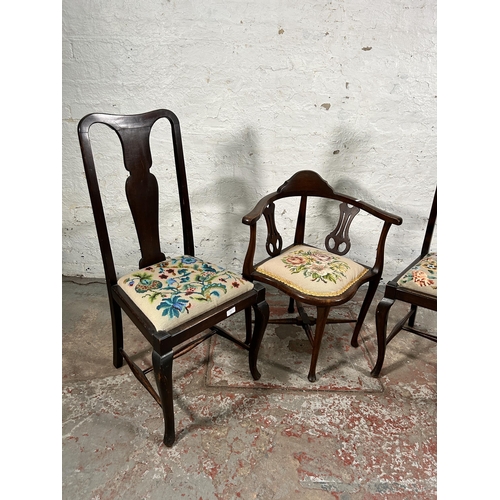 137 - Three Edwardian beech and tapestry upholstered chairs, one corner and two dining