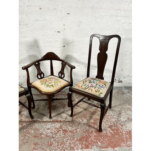 137 - Three Edwardian beech and tapestry upholstered chairs, one corner and two dining