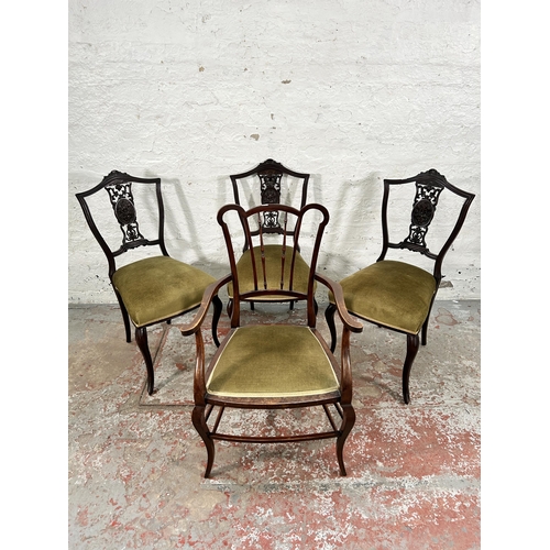 150 - Four late 19th/early 20th century green fabric upholstered chairs, three carved mahogany dining and ... 