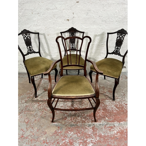 150 - Four late 19th/early 20th century green fabric upholstered chairs, three carved mahogany dining and ... 