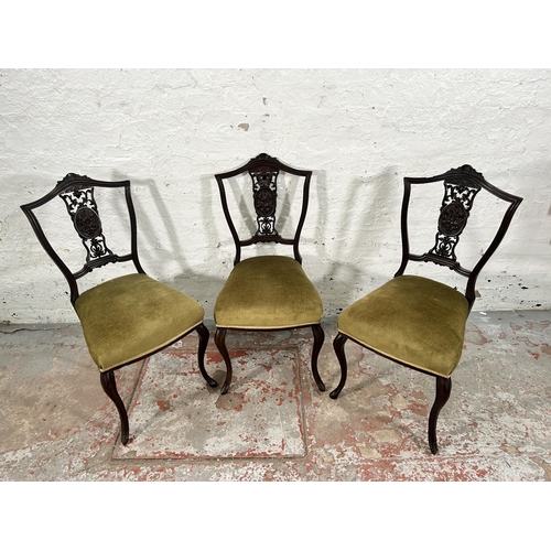 150 - Four late 19th/early 20th century green fabric upholstered chairs, three carved mahogany dining and ... 