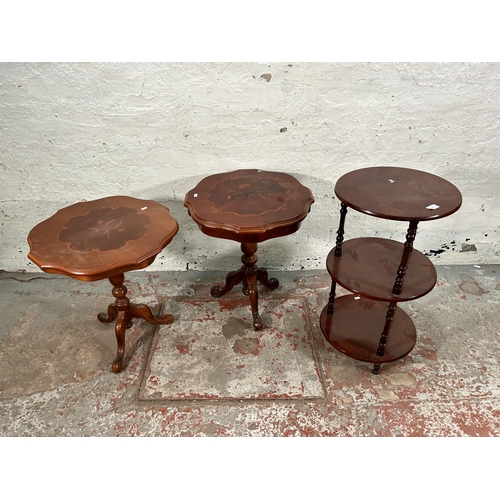 179 - Four pieces of furniture, two Italian Sorrento style walnut marquetry effect tripod pedestal side ta... 