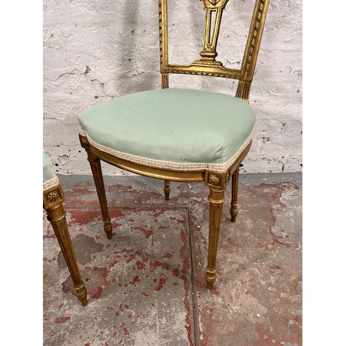 41 - A pair of late 19th/early 20th century Louis XVI style gilded and green fabric upholstered occasiona... 