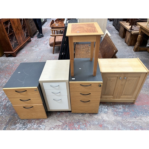 57A - Five pieces of modern furniture - two oak effect and grey plastic three drawer filing cabinets, one ... 