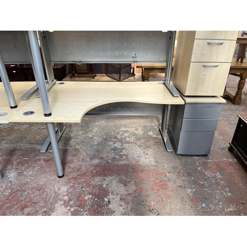 59 - A modern beech effect office desk with grey metal and beech effect three drawer filing cabinet