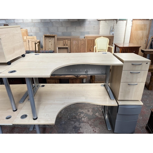 60 - A modern beech effect office desk and three drawer filing cabinet