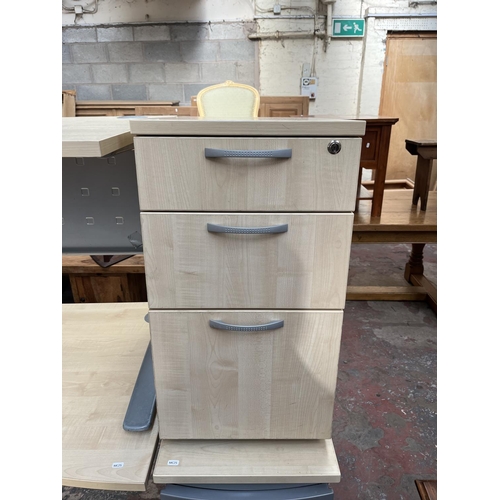 60 - A modern beech effect office desk and three drawer filing cabinet