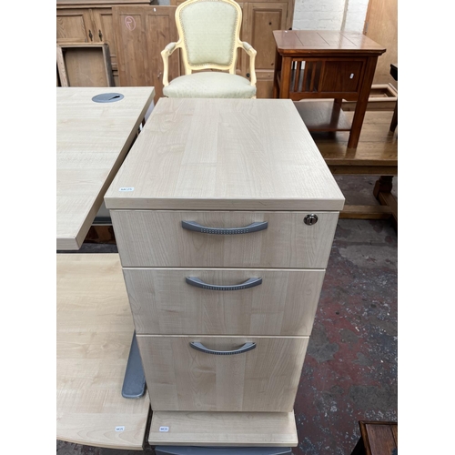 60 - A modern beech effect office desk and three drawer filing cabinet