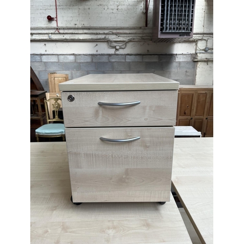 62 - A modern beech effect office desk and two drawer filing cabinet