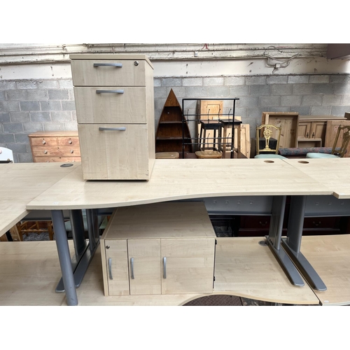 64 - A modern beech effect office desk and three drawer filing cabinet