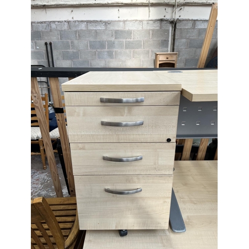 66 - A modern beech effect office desk and three drawer filing cabinet