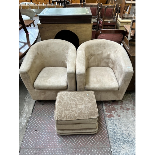 59 - Three pieces of brown fabric upholstered furniture, two tub chairs and one footstool