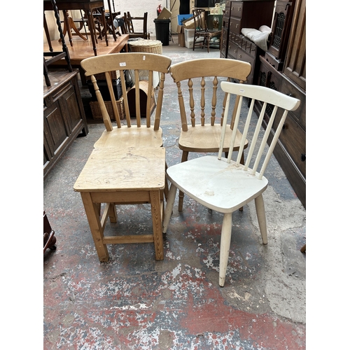 191 - Four pieces of furniture - two Victorian style beech farmhouse dining chairs, one pine side table an... 