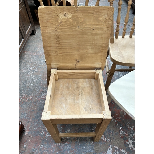 191 - Four pieces of furniture - two Victorian style beech farmhouse dining chairs, one pine side table an... 