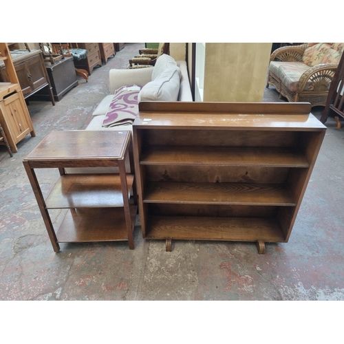 76 - Two pieces of oak furniture, one bookcase and one three tier side table