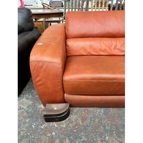 233 - An Italian Marinelli orange leather sofa - approx. 79cm high x 214cm wide x 98cm deep