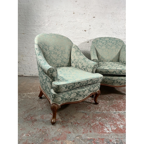 234 - A pair of Georgian style green floral upholstered and walnut armchairs with cabriole supports and sh... 