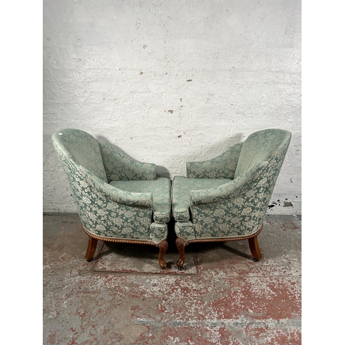 234 - A pair of Georgian style green floral upholstered and walnut armchairs with cabriole supports and sh... 