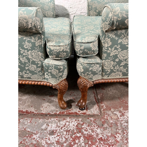 234 - A pair of Georgian style green floral upholstered and walnut armchairs with cabriole supports and sh... 