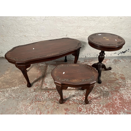 155 - Three Indian brass and copper inlaid carved hardwood occasional tables