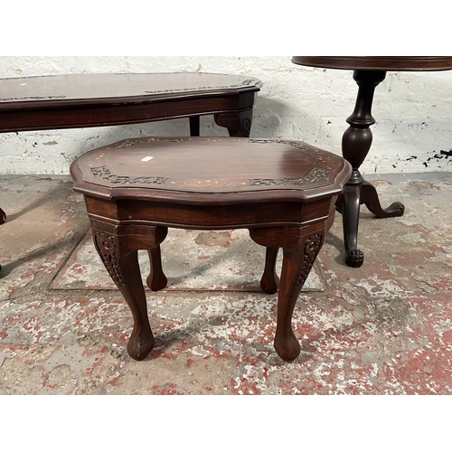 155 - Three Indian brass and copper inlaid carved hardwood occasional tables