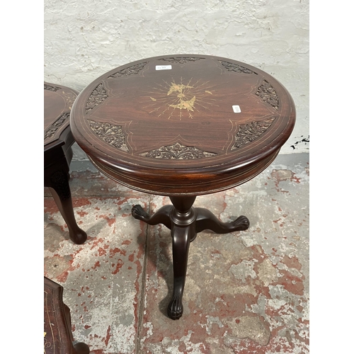 155 - Three Indian brass and copper inlaid carved hardwood occasional tables