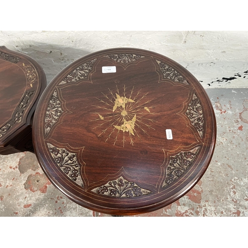 155 - Three Indian brass and copper inlaid carved hardwood occasional tables