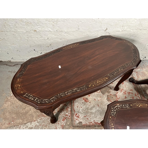 155 - Three Indian brass and copper inlaid carved hardwood occasional tables