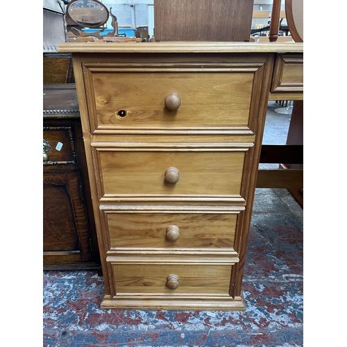 156 - A solid pine pedestal desk - approx. 75cm high x 142cm wide x 59cm deep