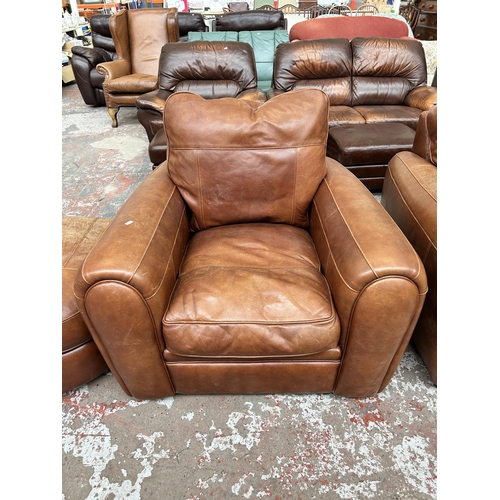 244 - A Duresta tan leather three piece lounge suite comprising three seater sofa, armchair and footstool