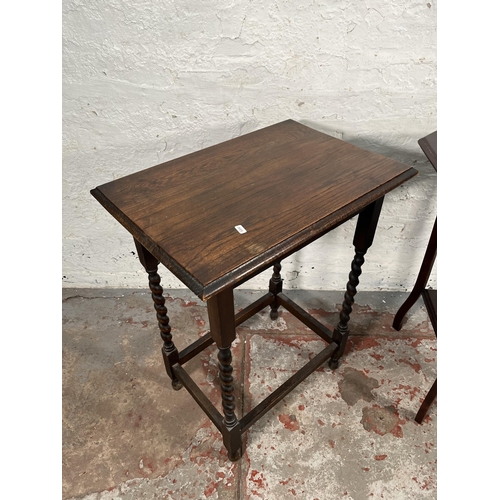 164 - Two occasional tables, one Edwardian mahogany two tier and one oak barley twist