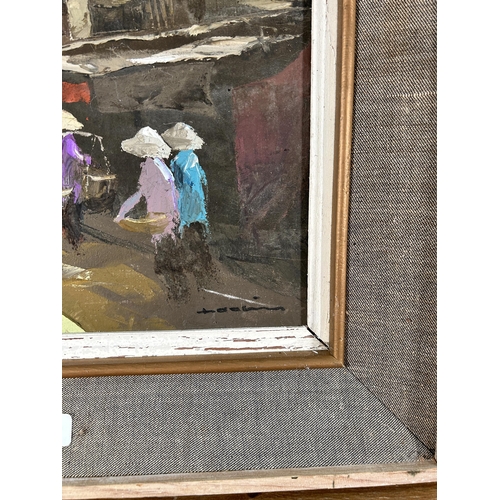 245 - A mid 20th century framed oil on canvas of an Oriental market scene, signed lower right - approx. 50... 