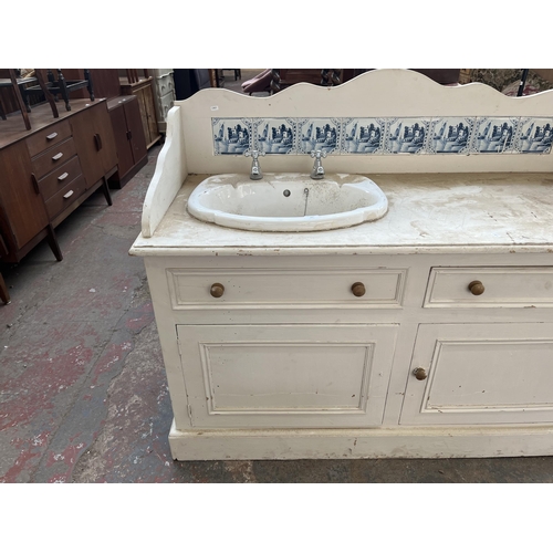 167 - A Victorian style painted pine washstand with ceramic tile splashback - approx. 115cm high x 143cm w... 