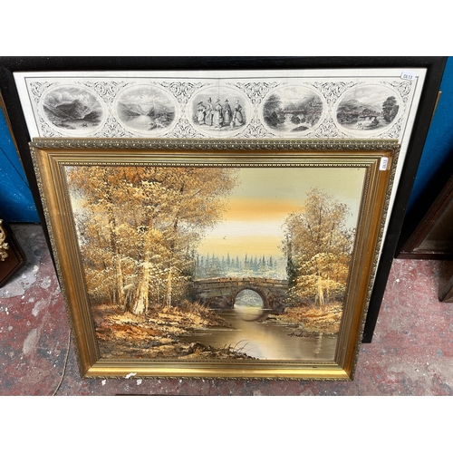 249 - Seven framed picture to include oil on canvas of a bridge and woodland scene signed Anderson, waterc... 