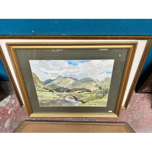 249 - Seven framed picture to include oil on canvas of a bridge and woodland scene signed Anderson, waterc... 