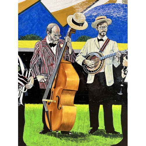 258 - An unframed acrylic on board of a jazz band, signed E. Vernon and dated 1995 - approx. 40cm high x 3... 