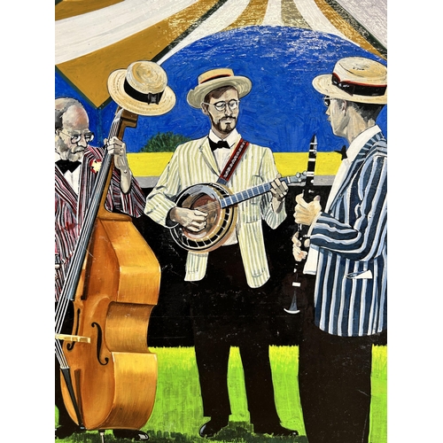 258 - An unframed acrylic on board of a jazz band, signed E. Vernon and dated 1995 - approx. 40cm high x 3... 