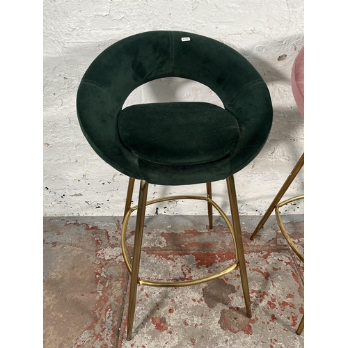 176 - Two Dunelm velvet and brass effect barstools