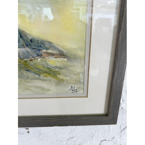 269E - A framed watercolour of a mining scene, signed R. J. and dated 2011 - approx. 32cm high x 42cm wide