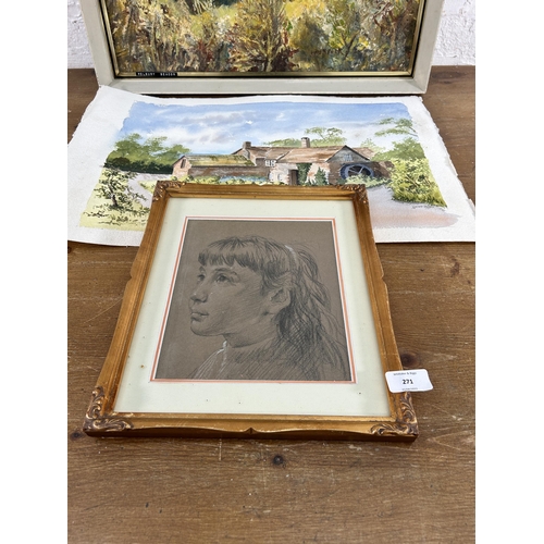 271 - Three pictures, framed charcoal portrait of a young girl, unframed watercolour of a cottage scene si... 