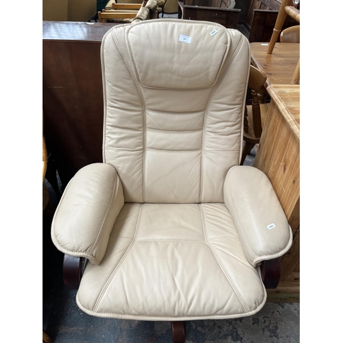 207 - A Stressless style cream leatherette and bentwood swivel reclining armchair and footstool