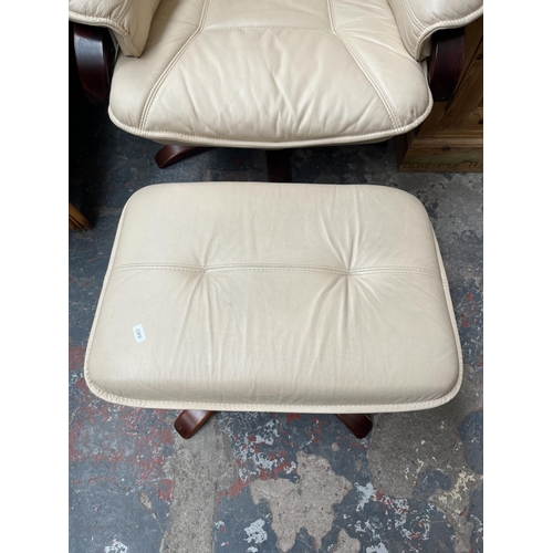 207 - A Stressless style cream leatherette and bentwood swivel reclining armchair and footstool