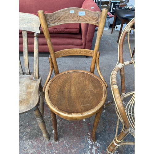 223 - Three chairs, 1970s bamboo, Victorian style elm and beech and early 20th century bentwood