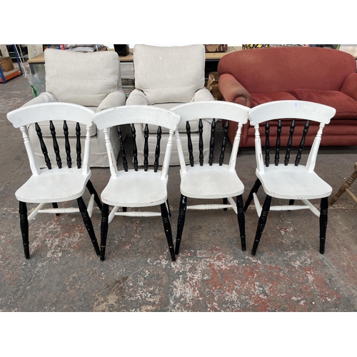 224 - Four Victorian style white and black painted spindle back farmhouse dining chairs