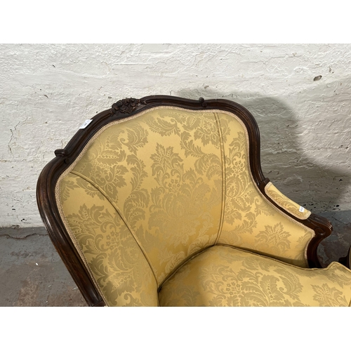 235 - A pair of Victorian style carved mahogany and floral uphosltered parlour chairs