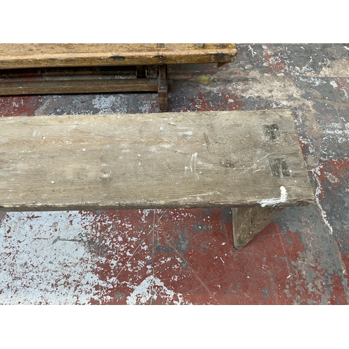 241 - An early 20th century pitch pine bench - approx. 46cm high x 27cm wide x 376cm long