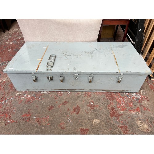 85A - A grey painted metal military box, pat no. 0281/545/6991 - approx. 30cm high x 136cm wide x 62cm dee... 