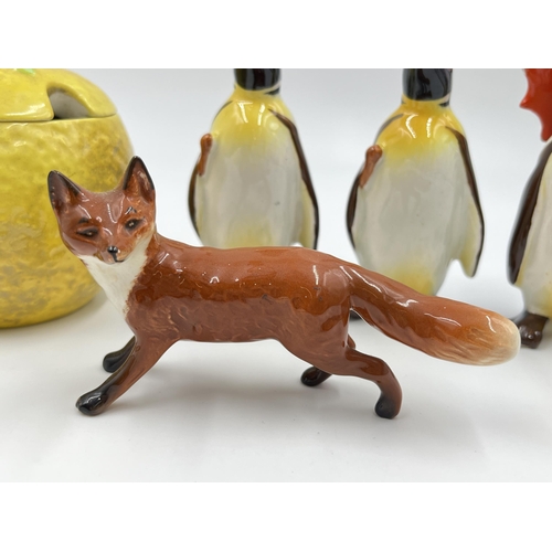 297 - Five pieces of Beswick pottery, three penguin figurines, no. 207-2 Lemon Marmalade lidded jar and fo... 