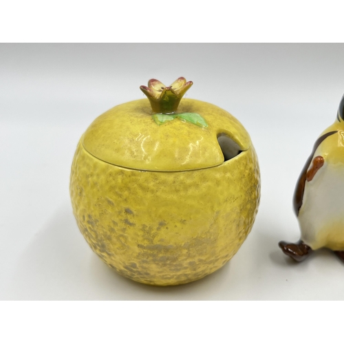 297 - Five pieces of Beswick pottery, three penguin figurines, no. 207-2 Lemon Marmalade lidded jar and fo... 