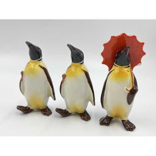 297 - Five pieces of Beswick pottery, three penguin figurines, no. 207-2 Lemon Marmalade lidded jar and fo... 